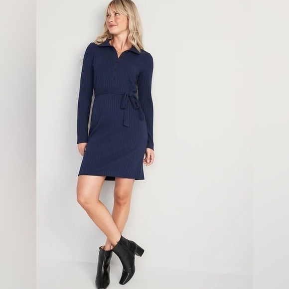 Old Navy Dresses & Skirts - Old Navy Fitted Rib Knit Tie-Belt Long Sleeve Mini Polo Dress Navy Blue sz Med